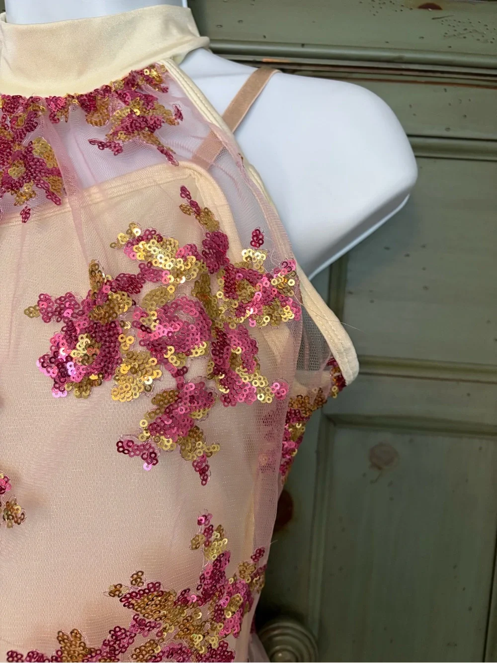 Curtain Call/Weissman Halter Dance Dress with Pink & Gold Sequin Floral Bodice